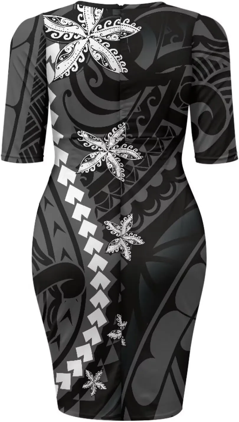 Polynesian Traditional Tribal Print Women Polynesia Dress Wrap Waist Formal Puletasi Dress Wear to Work Dresses