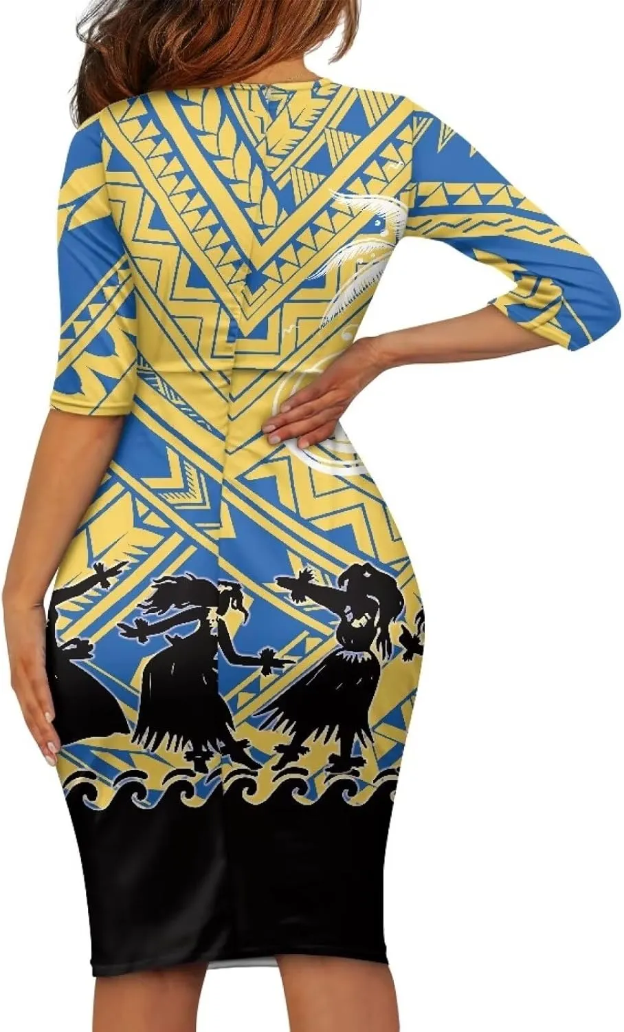 Polynesian Traditional Tribal Print Women Polynesia Dress Wrap Waist Formal Puletasi Dress Wear to Work Dresses