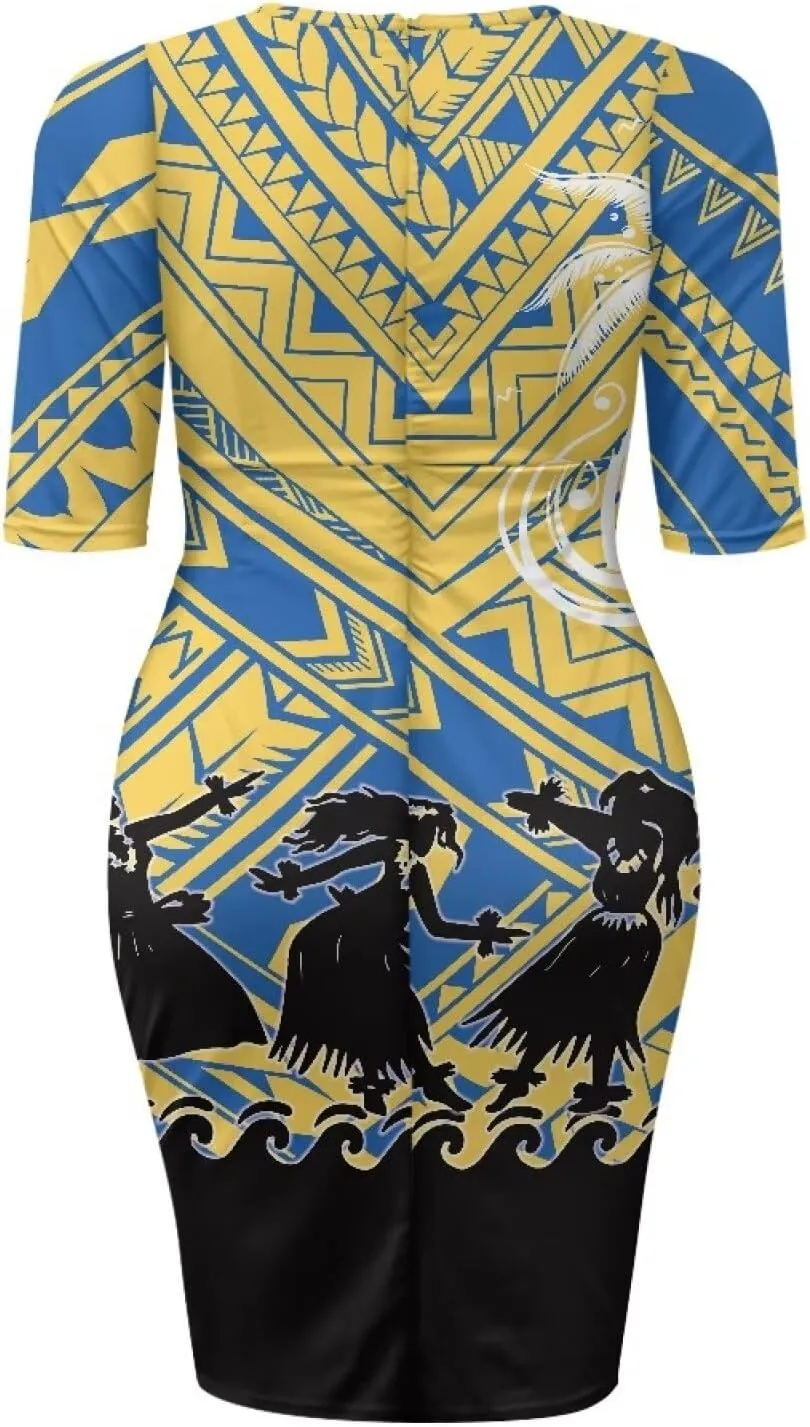 Polynesian Traditional Tribal Print Women Polynesia Dress Wrap Waist Formal Puletasi Dress Wear to Work Dresses