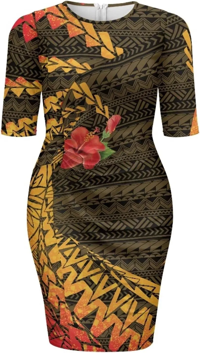 Polynesian Traditional Tribal Print Women Polynesia Dress Wrap Waist Formal Puletasi Dress Wear to Work Dresses