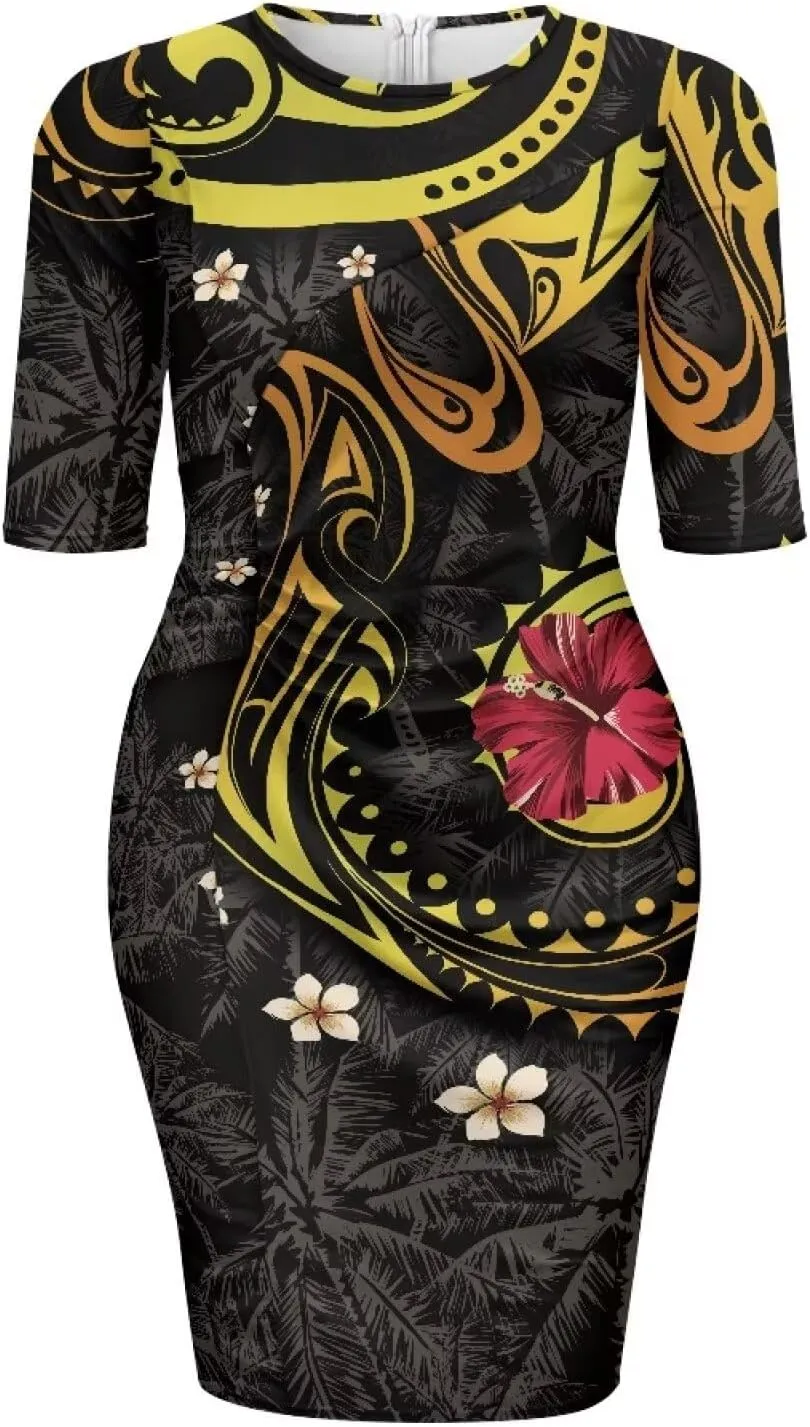 Polynesian Traditional Tribal Print Women Polynesia Dress Wrap Waist Formal Puletasi Dress Wear to Work Dresses