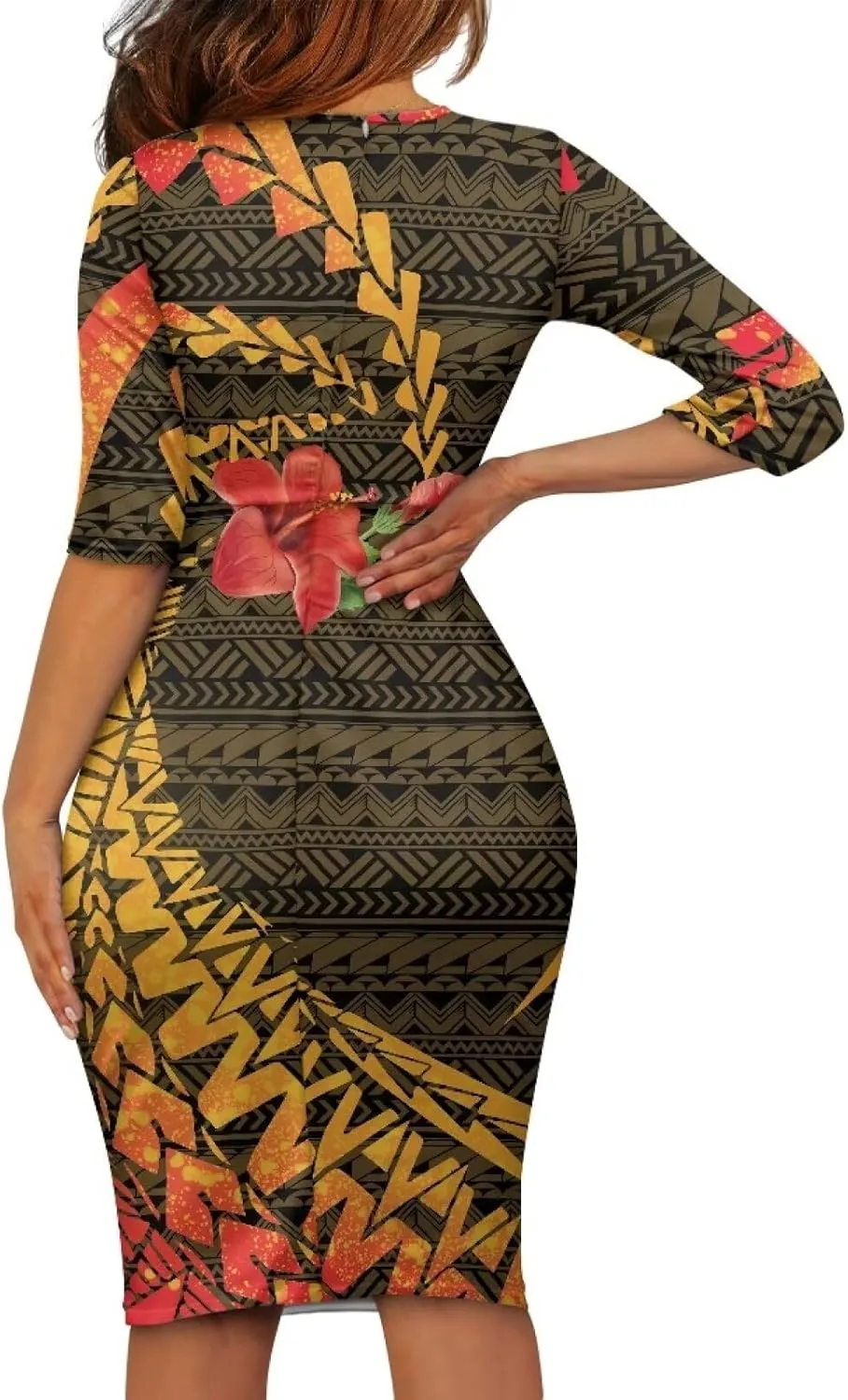 Polynesian Traditional Tribal Print Women Polynesia Dress Wrap Waist Formal Puletasi Dress Wear to Work Dresses