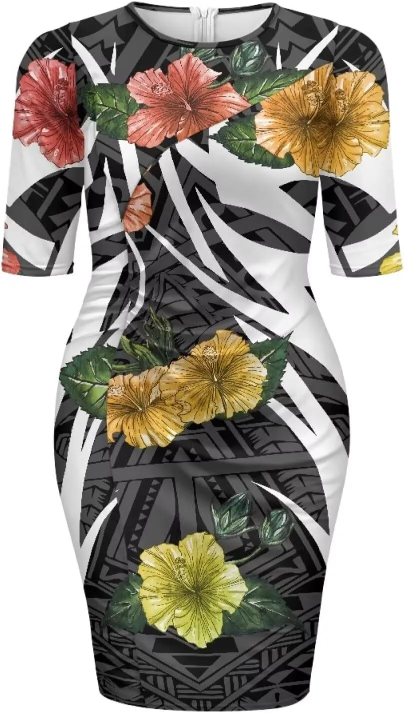 Polynesian Traditional Tribal Print Women Polynesia Dress Wrap Waist Formal Puletasi Dress Wear to Work Dresses