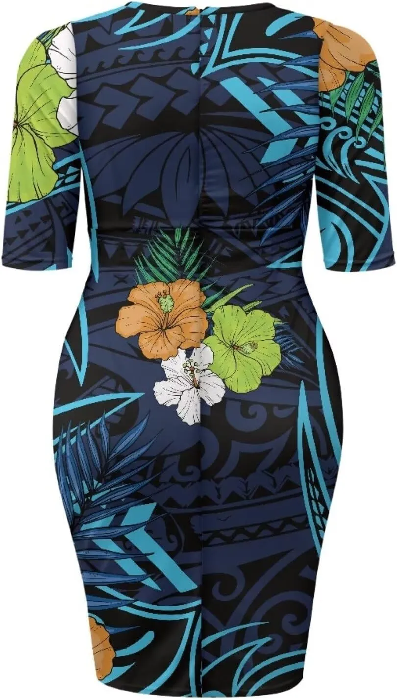 Polynesian Traditional Tribal Print Women Polynesia Dress Wrap Waist Formal Puletasi Dress Wear to Work Dresses