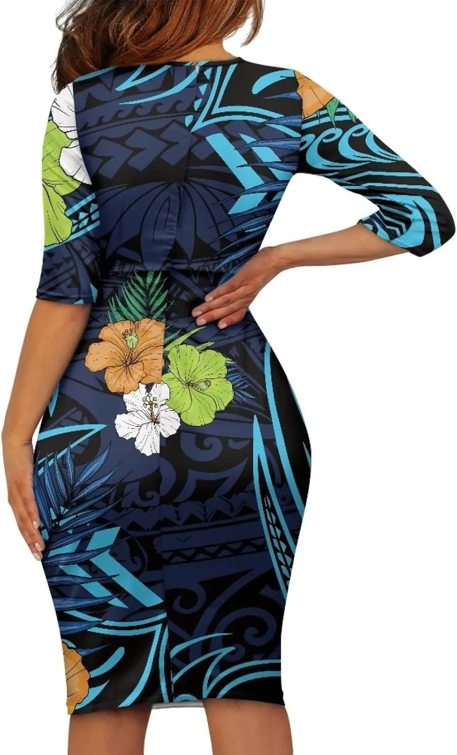 Polynesian Traditional Tribal Print Women Polynesia Dress Wrap Waist Formal Puletasi Dress Wear to Work Dresses