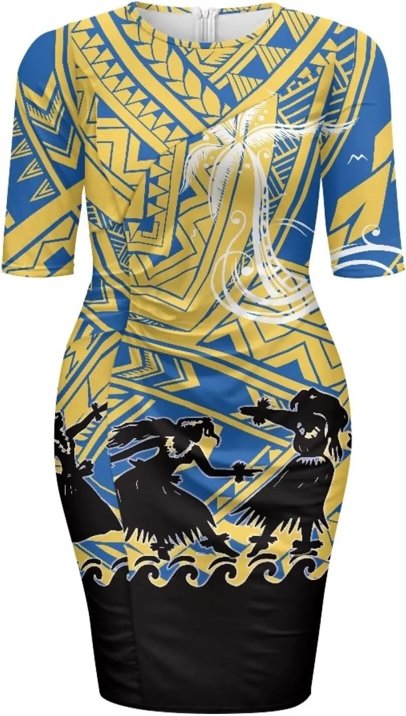 Polynesian Traditional Tribal Print Women Polynesia Dress Wrap Waist Formal Puletasi Dress Wear to Work Dresses