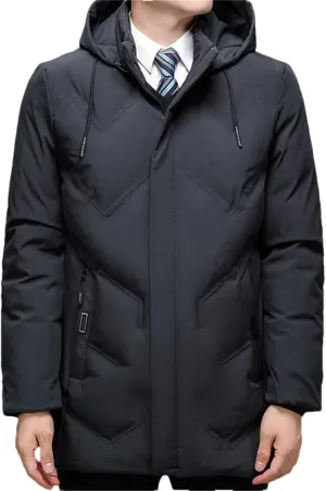 Pulcykp Men Solid Slim Fit Warm Thicken Jacket Coat Hooded Cotton-Padded Zipper Long Parkas Outwear