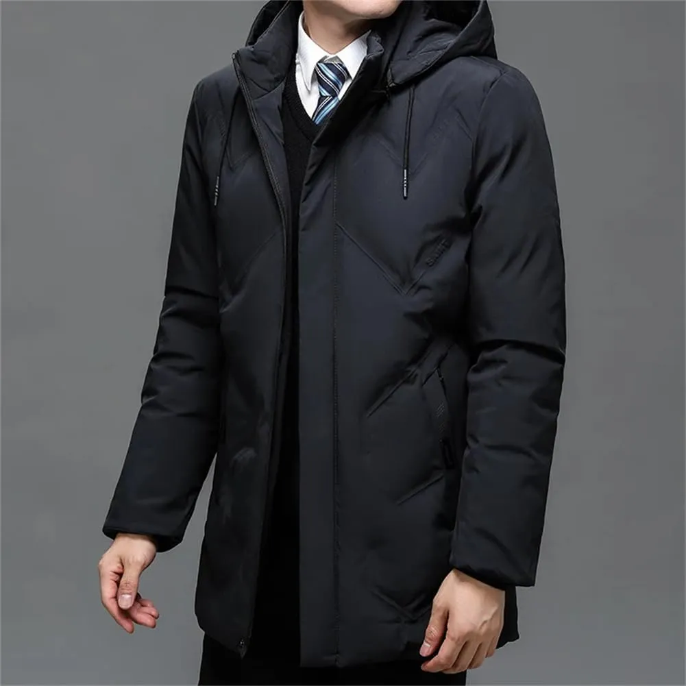 Pulcykp Men Solid Slim Fit Warm Thicken Jacket Coat Hooded Cotton-Padded Zipper Long Parkas Outwear