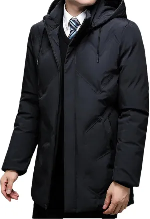 Pulcykp Men Solid Slim Fit Warm Thicken Jacket Coat Hooded Cotton-Padded Zipper Long Parkas Outwear