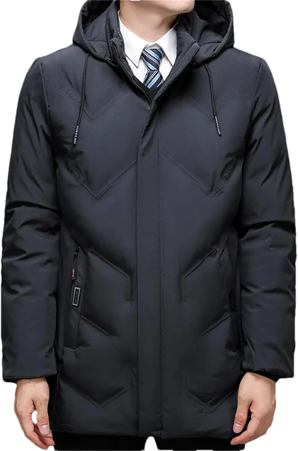 Pulcykp Men Solid Slim Fit Warm Thicken Jacket Coat Hooded Cotton-Padded Zipper Long Parkas Outwear