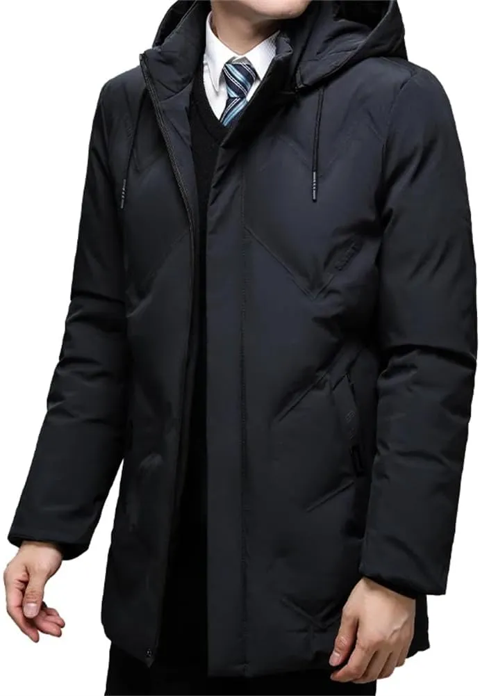 Pulcykp Men Solid Slim Fit Warm Thicken Jacket Coat Hooded Cotton-Padded Zipper Long Parkas Outwear