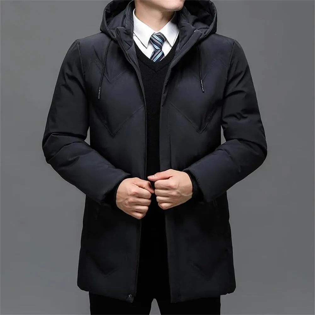 Pulcykp Men Solid Slim Fit Warm Thicken Jacket Coat Hooded Cotton-Padded Zipper Long Parkas Outwear