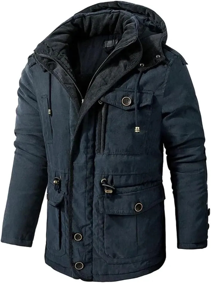 Pulcykp Men's Fleece Cotton-Padded Windbreaker Coats Thicken Warm Winter Hooded Snow Parka Jacket
