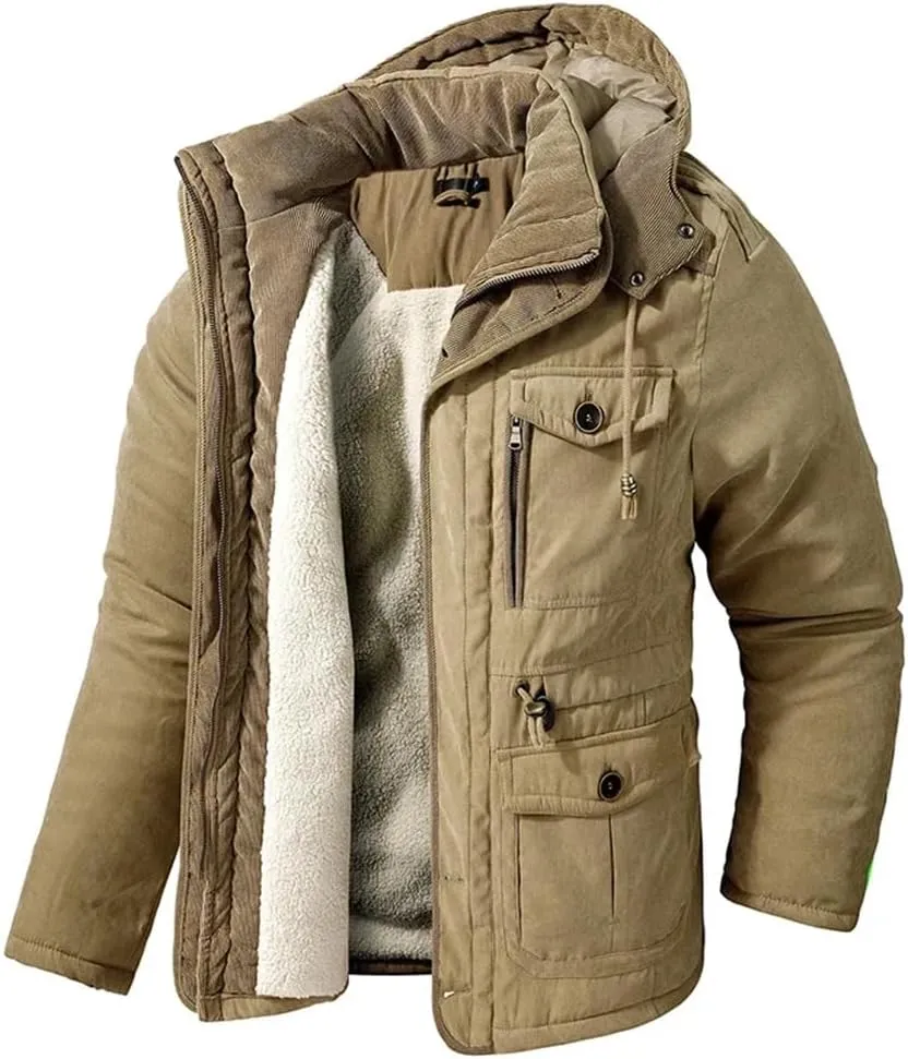 Pulcykp Men's Fleece Cotton-Padded Windbreaker Coats Thicken Warm Winter Hooded Snow Parka Jacket