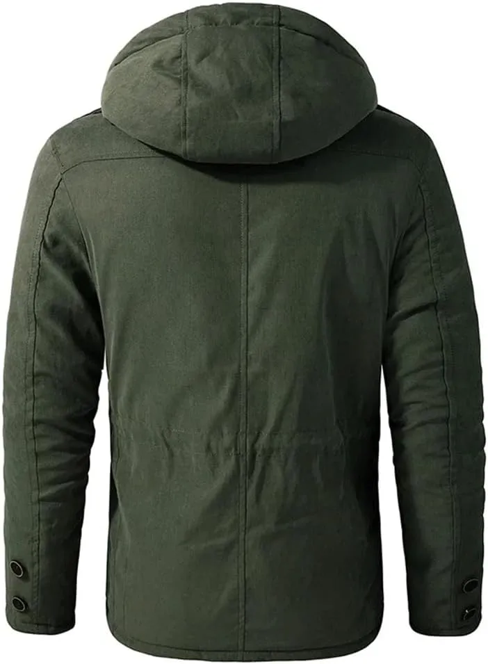 Pulcykp Men's Fleece Cotton-Padded Windbreaker Coats Thicken Warm Winter Hooded Snow Parka Jacket