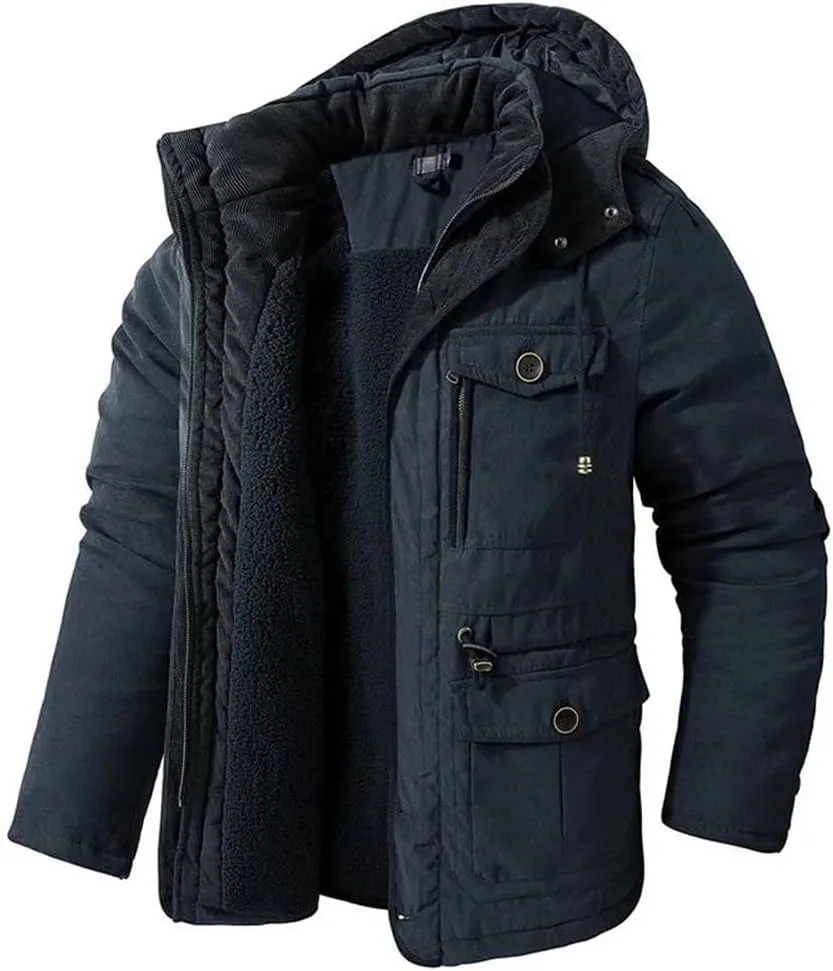 Pulcykp Men's Fleece Cotton-Padded Windbreaker Coats Thicken Warm Winter Hooded Snow Parka Jacket