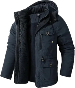 Pulcykp Men's Fleece Cotton-Padded Windbreaker Coats Thicken Warm Winter Hooded Snow Parka Jacket
