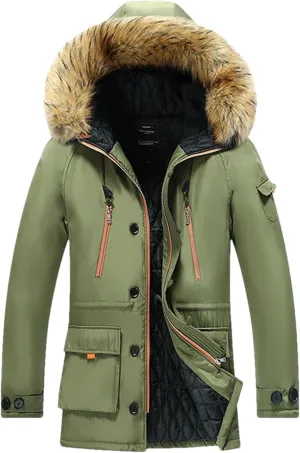 Pulcykp Men's Winter Hooded Jacket Cotton Padded Warm Parka Coat Casual Fleece Long Windbreaker