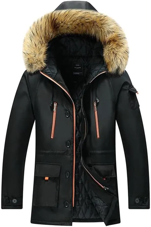 Pulcykp Men's Winter Hooded Jacket Cotton Padded Warm Parka Coat Casual Fleece Long Windbreaker