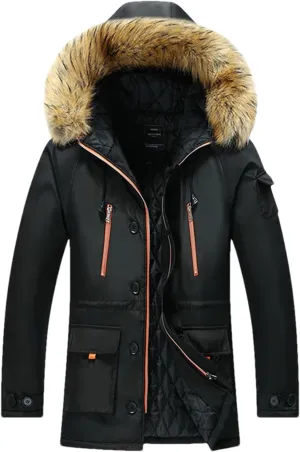 Pulcykp Men's Winter Hooded Jacket Cotton Padded Warm Parka Coat Casual Fleece Long Windbreaker