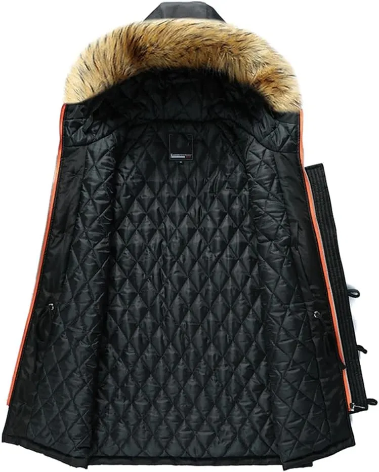 Pulcykp Men's Winter Hooded Jacket Cotton Padded Warm Parka Coat Casual Fleece Long Windbreaker