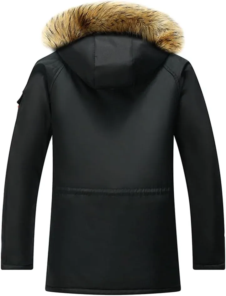 Pulcykp Men's Winter Hooded Jacket Cotton Padded Warm Parka Coat Casual Fleece Long Windbreaker