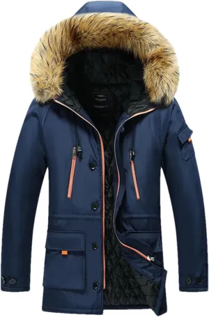 Pulcykp Men's Winter Hooded Jacket Cotton Padded Warm Parka Coat Casual Fleece Long Windbreaker