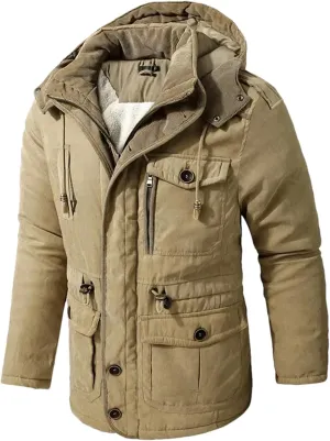 Pulcykp Winter Warm Hooded Parka Windbreaker Slim Fit Cotton Padded Thick Coat Casual Fleece Jackets Parkas