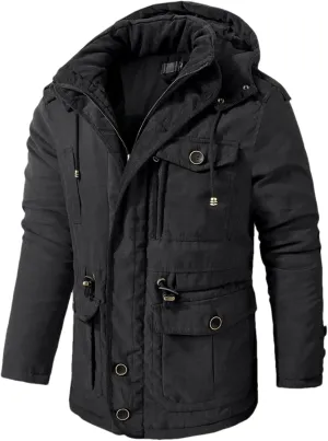 Pulcykp Winter Warm Hooded Parka Windbreaker Slim Fit Cotton Padded Thick Coat Casual Fleece Jackets Parkas