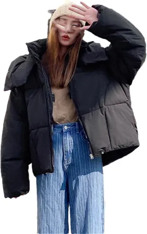 Pulcykp Women's Down Puffer Jackets Winter Thickening Warm Bubble Cropped Coat Cotton Padded Parkas