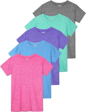 QWE 5 Pack Girls Shirts Athletic Short Sleeve T-Shirts Dry Fit Crew Neck Shirts Tops for Girls Youth Teens 5-18 Years