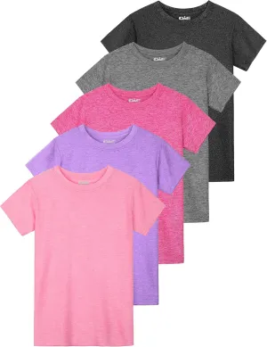 QWE 5 Pack Girls Shirts Athletic Short Sleeve T-Shirts Dry Fit Crew Neck Shirts Tops for Girls Youth Teens 5-18 Years