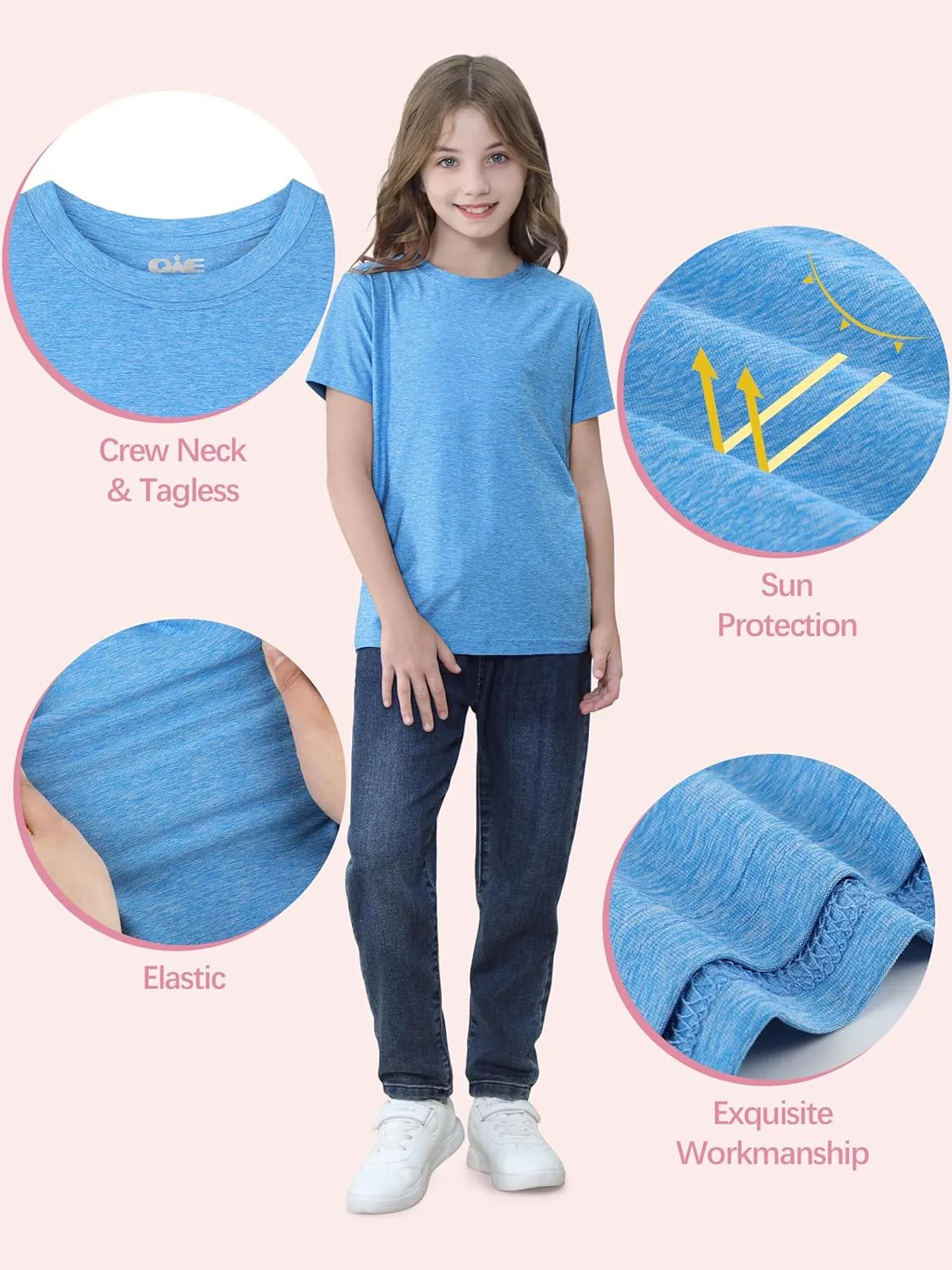 QWE 5 Pack Girls Shirts Athletic Short Sleeve T-Shirts Dry Fit Crew Neck Shirts Tops for Girls Youth Teens 5-18 Years