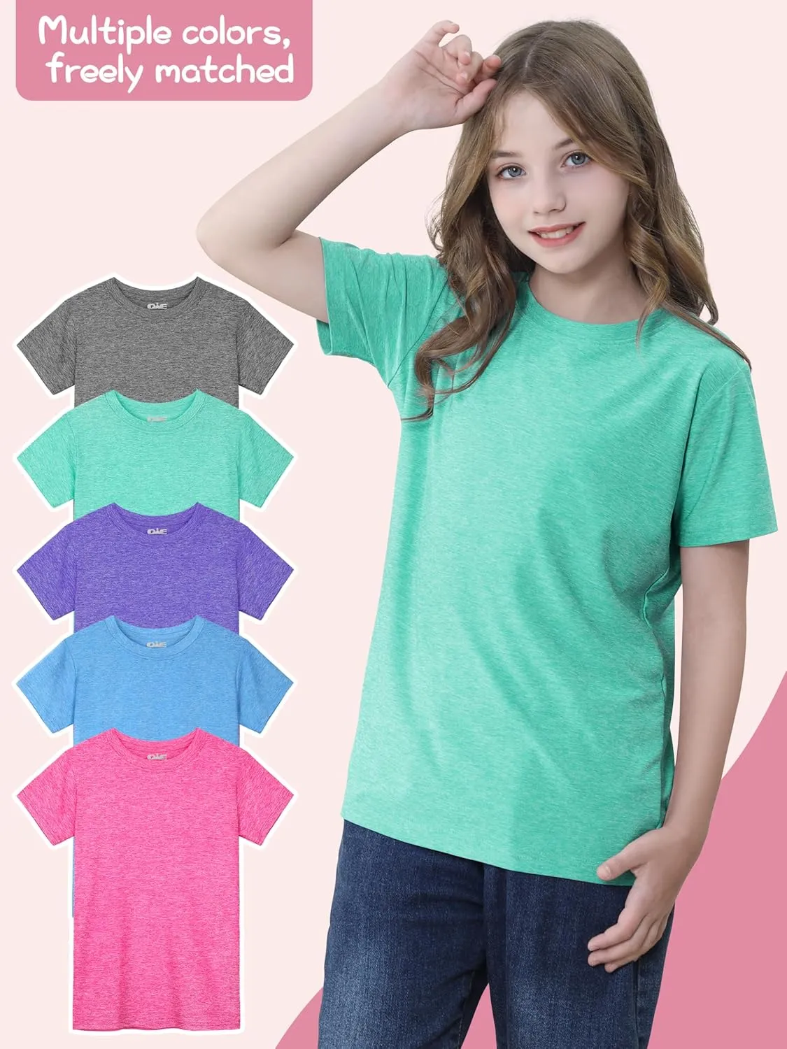 QWE 5 Pack Girls Shirts Athletic Short Sleeve T-Shirts Dry Fit Crew Neck Shirts Tops for Girls Youth Teens 5-18 Years