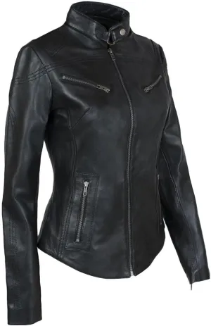 Real Leather Jacket Women - Cafe Racer Slim Stand Collar Lambskin Leather Womens Motorcycle Jackets