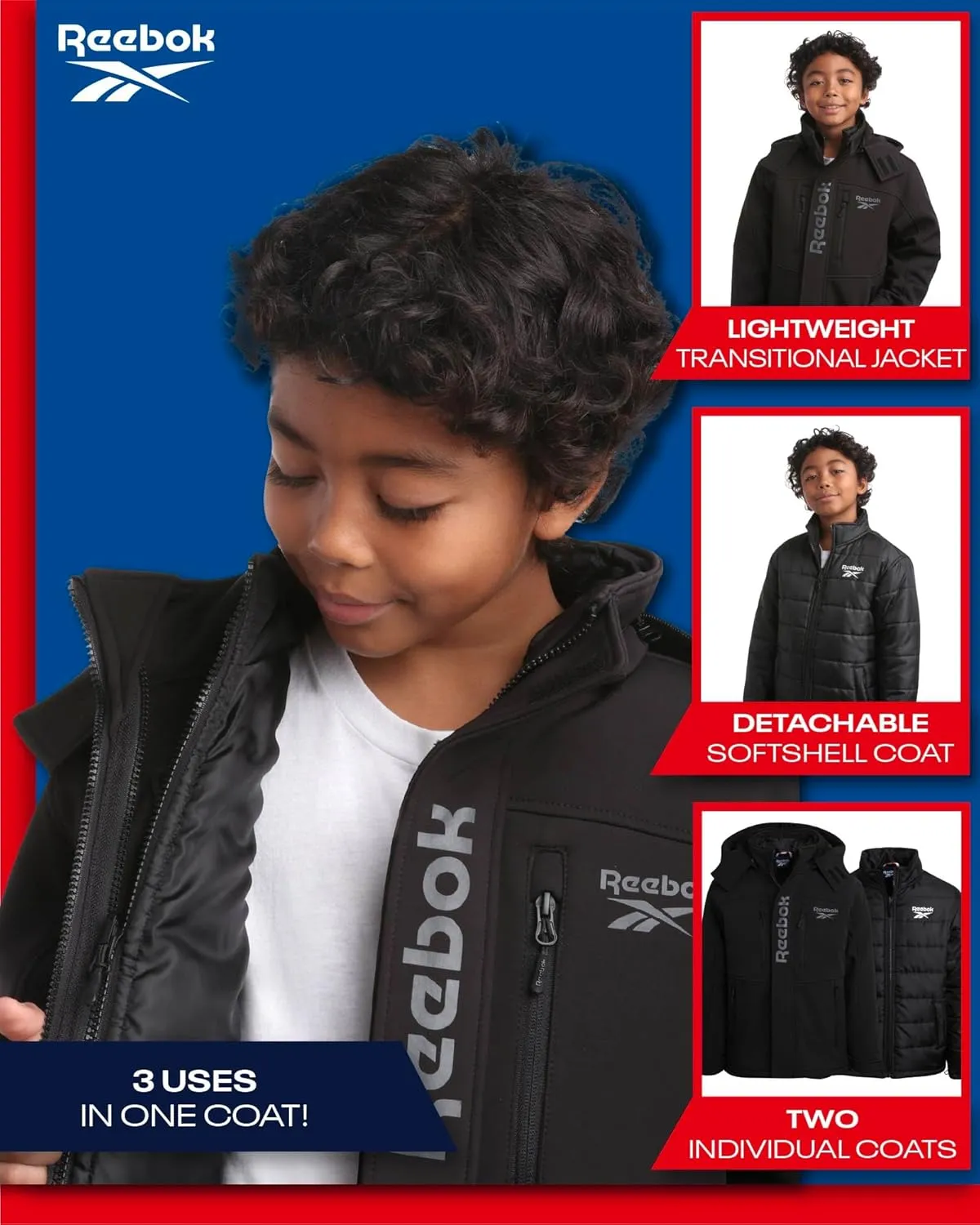 Reebok Boys' Winter Coat  Waterproof Softshell Jacket with Removable Puffer Parka  System Ski Jacket for Boys (8-20)