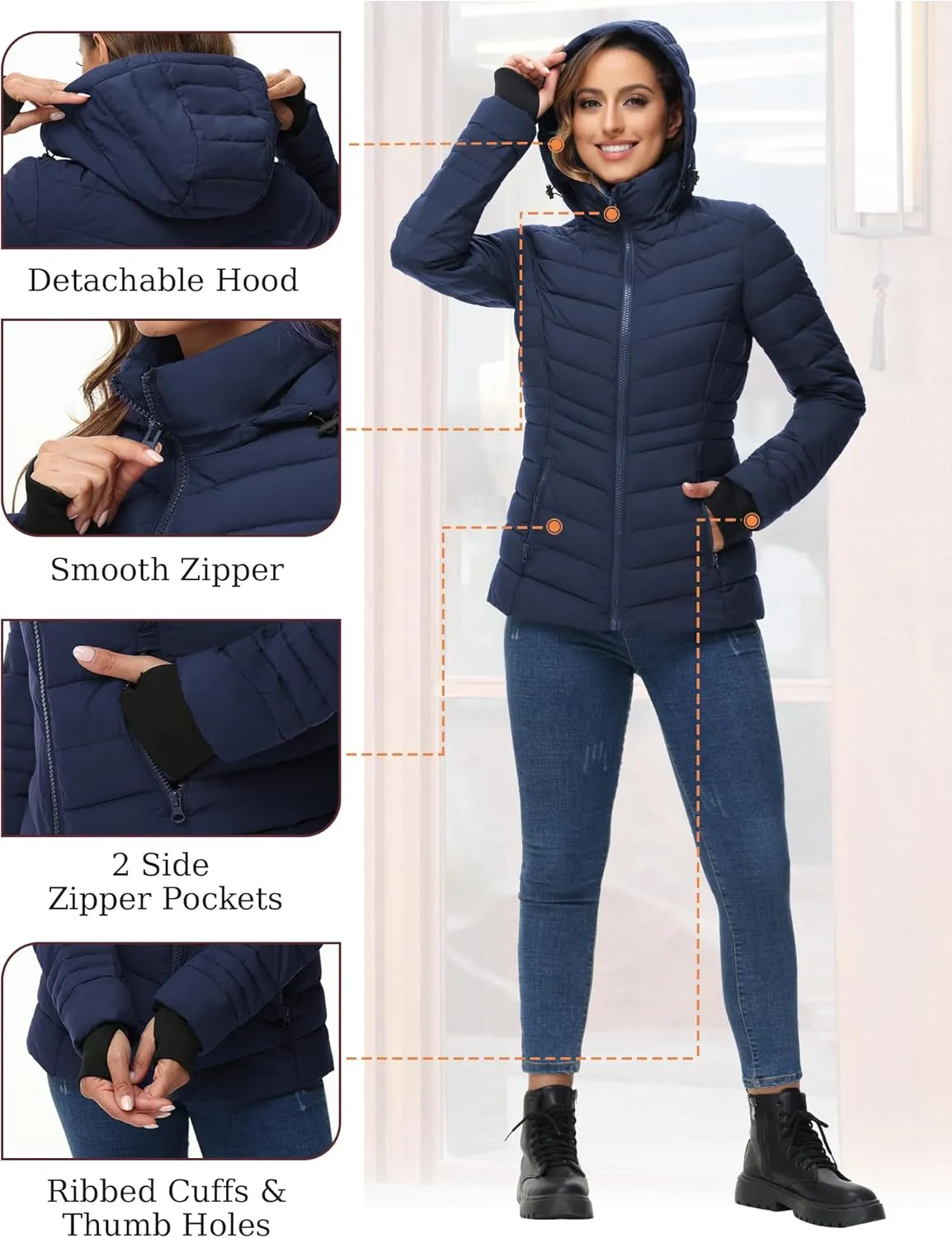 ROYAL MATRIX Women's Packable Puffer Jacket, Lightweight Puffer Jacket Winter Warm Quilted Puffer Jacket with Detachable Hood