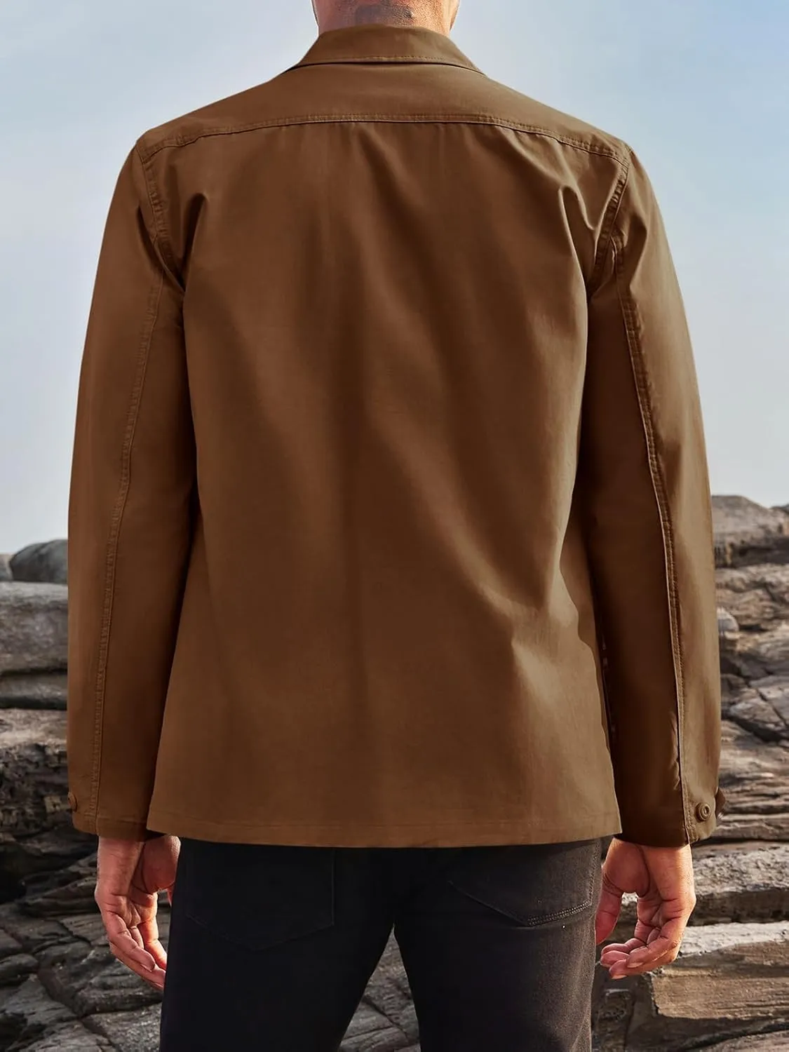 Runcati Mens Lightweight Safari Jacket Button Up Cotton Outdoor Military Cargo Long Sleeve Outwear