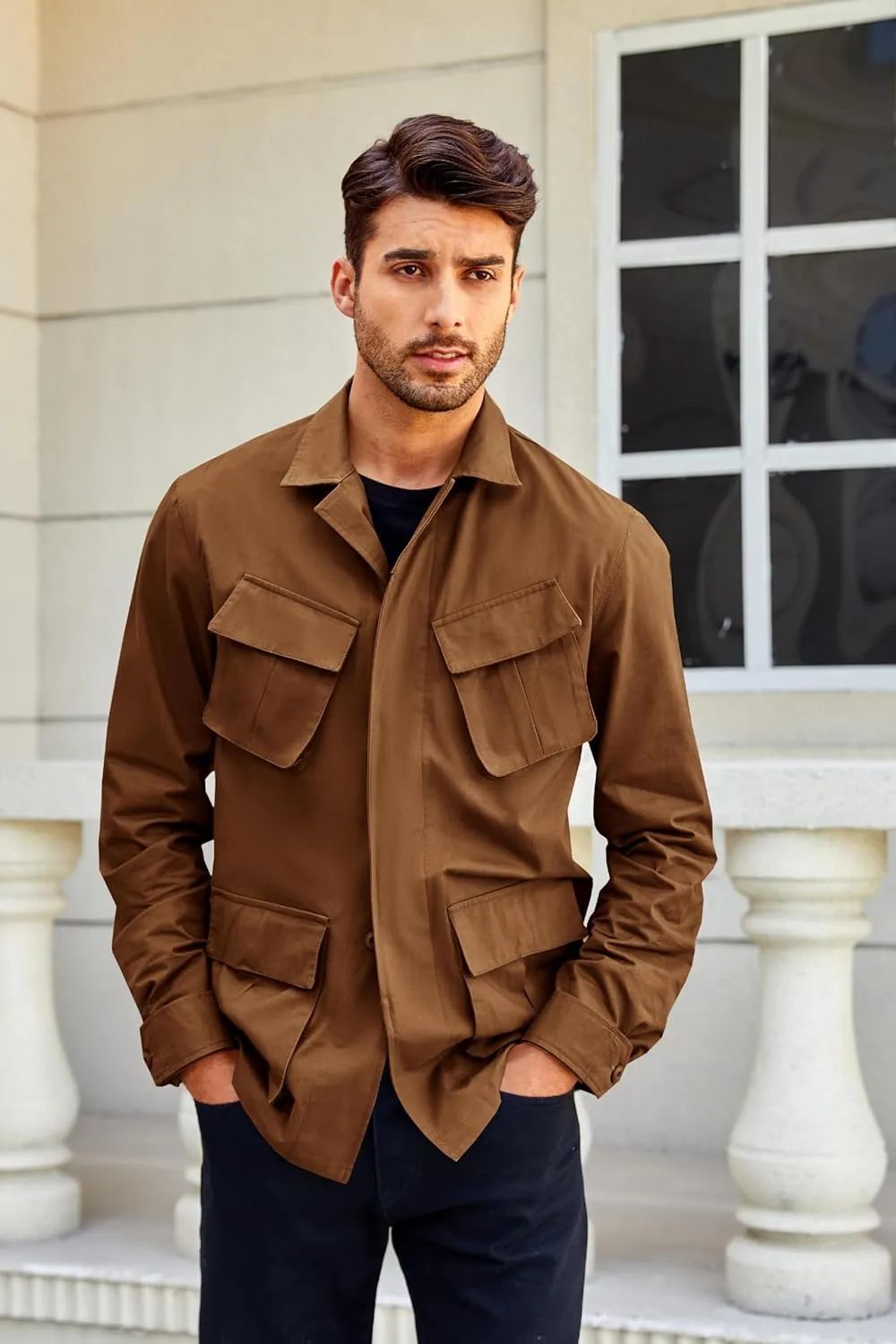 Runcati Mens Lightweight Safari Jacket Button Up Cotton Outdoor Military Cargo Long Sleeve Outwear
