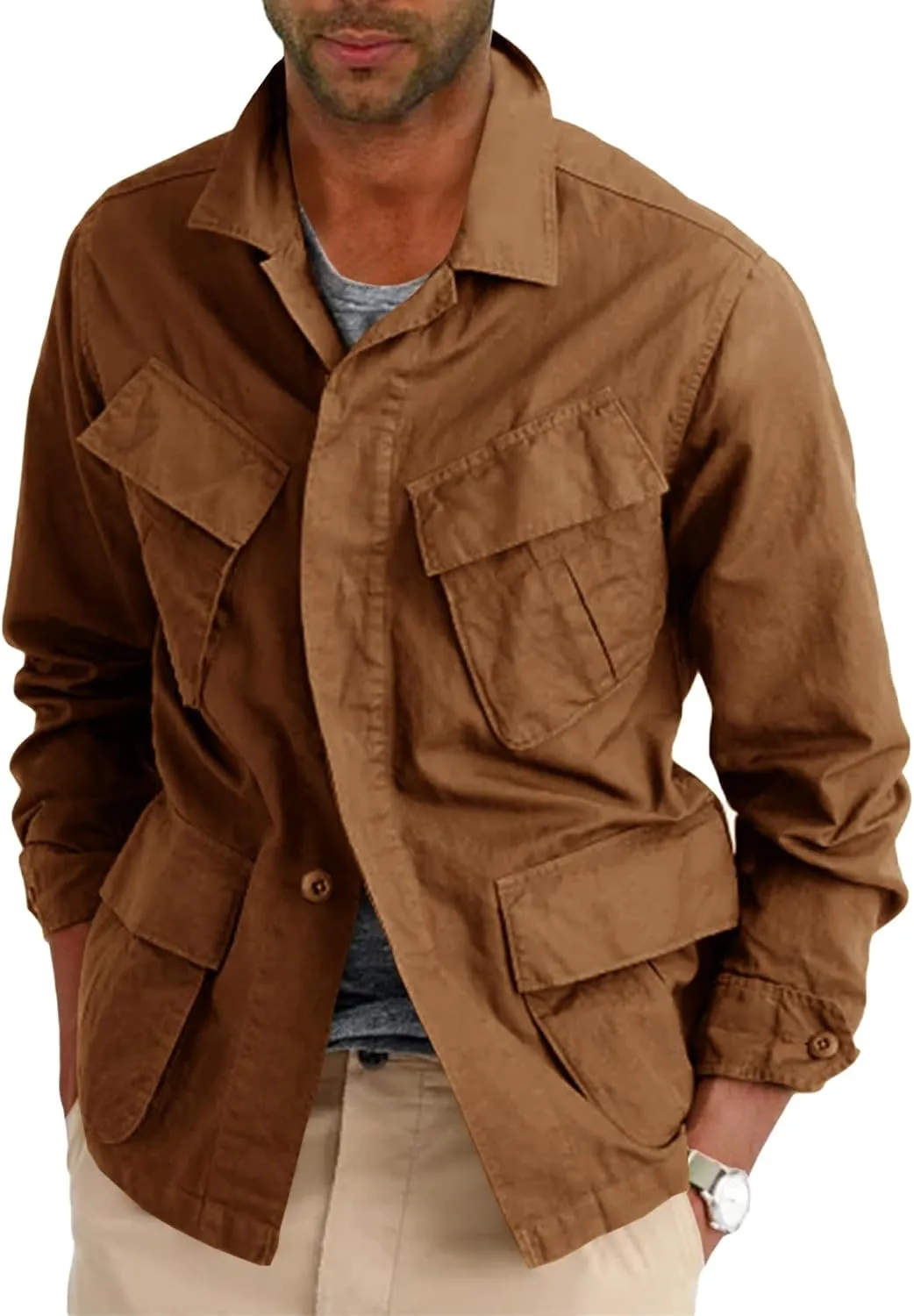 Runcati Mens Lightweight Safari Jacket Button Up Cotton Outdoor Military Cargo Long Sleeve Outwear