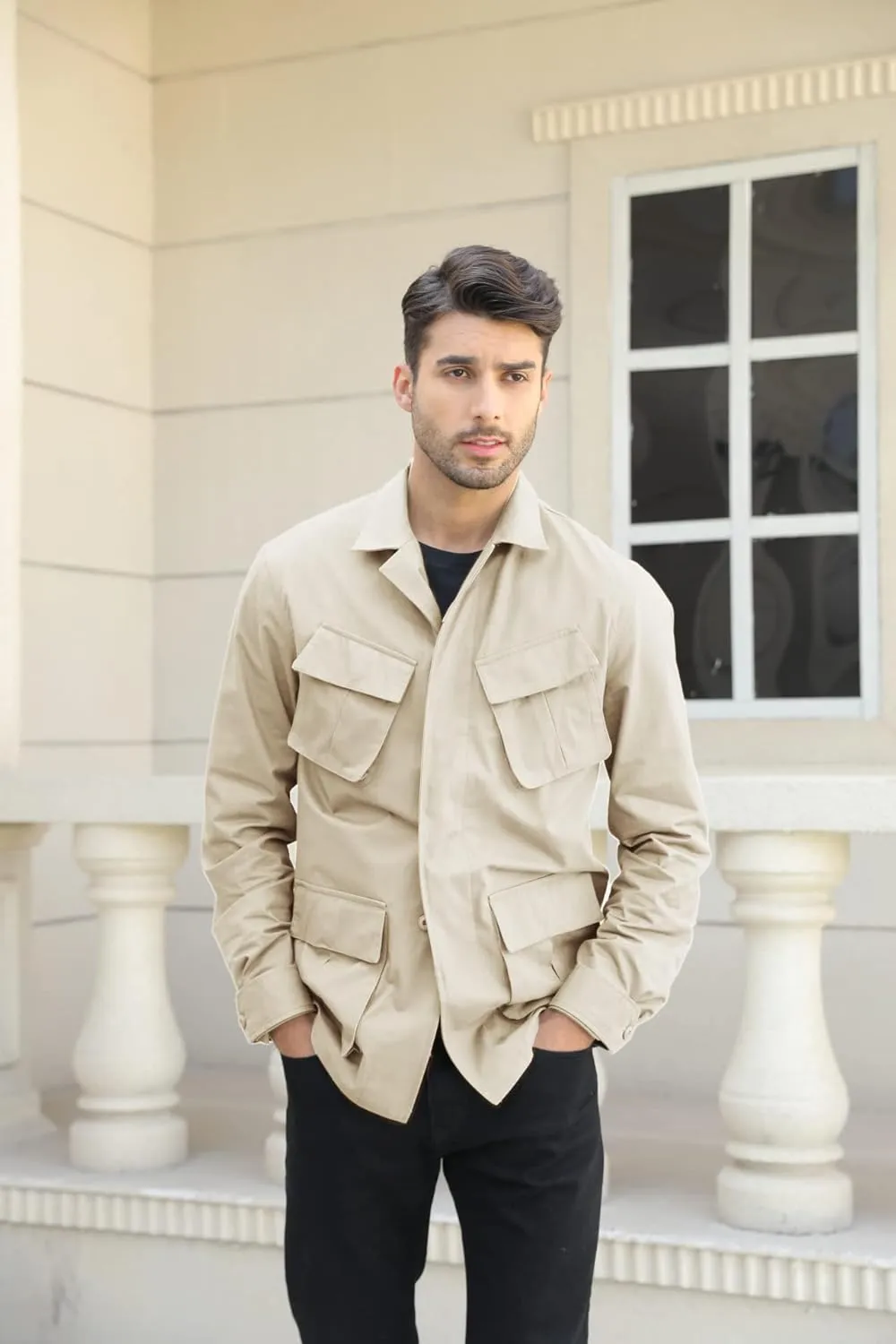 Runcati Mens Lightweight Safari Jacket Button Up Cotton Outdoor Military Cargo Long Sleeve Outwear