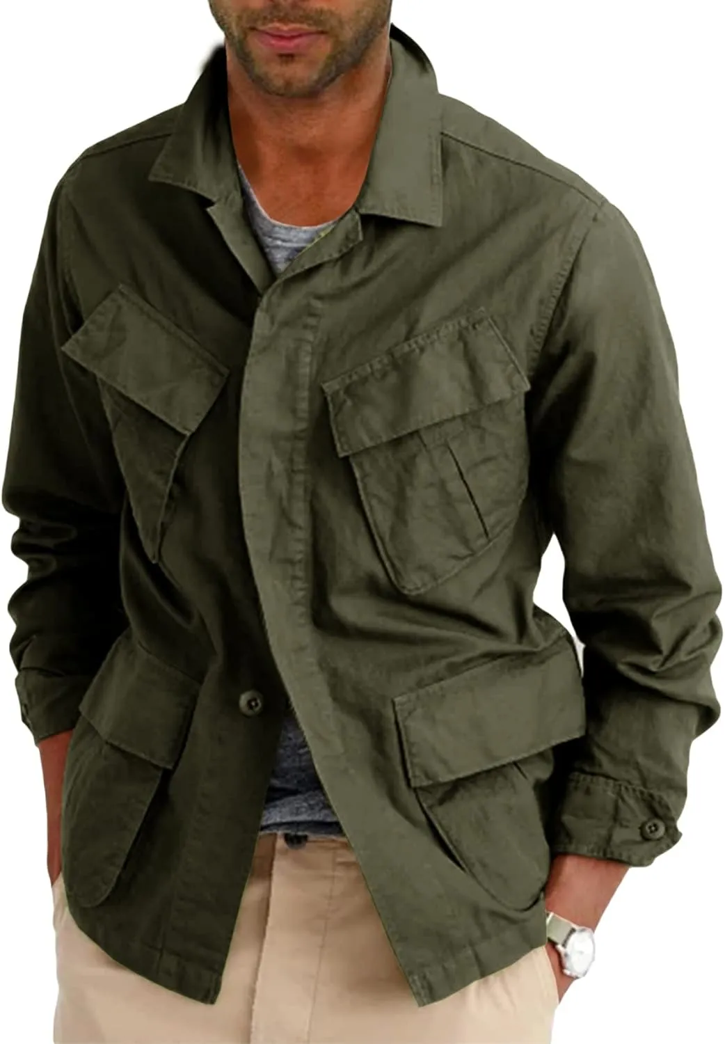 Runcati Mens Lightweight Safari Jacket Button Up Cotton Outdoor Military Cargo Long Sleeve Outwear
