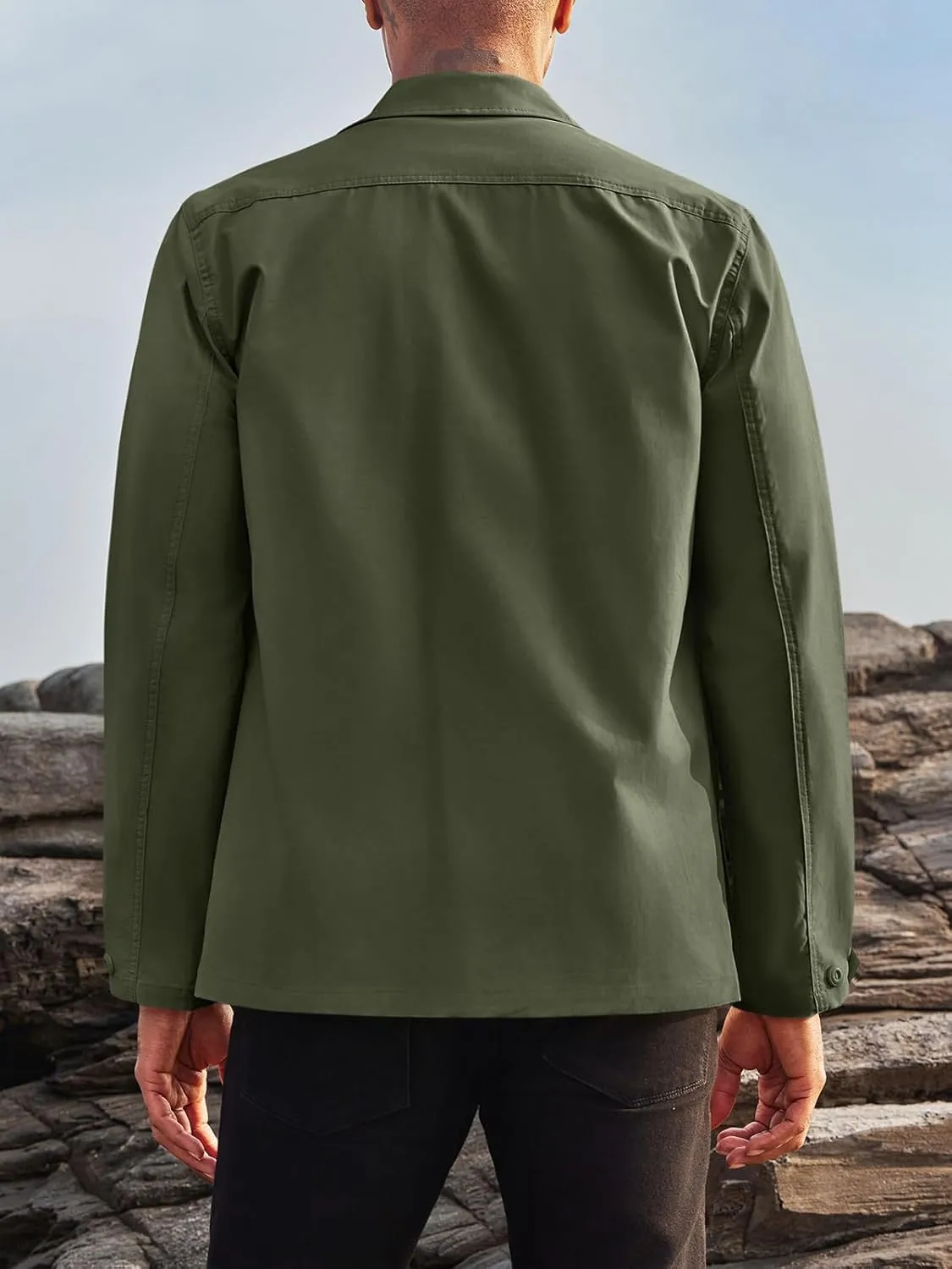 Runcati Mens Lightweight Safari Jacket Button Up Cotton Outdoor Military Cargo Long Sleeve Outwear