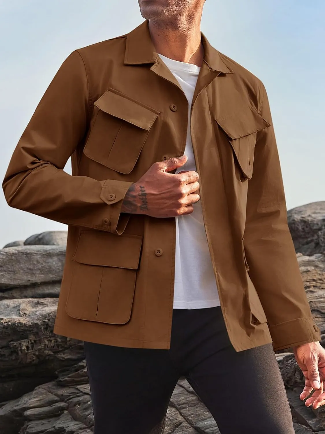 Runcati Mens Lightweight Safari Jacket Button Up Cotton Outdoor Military Cargo Long Sleeve Outwear