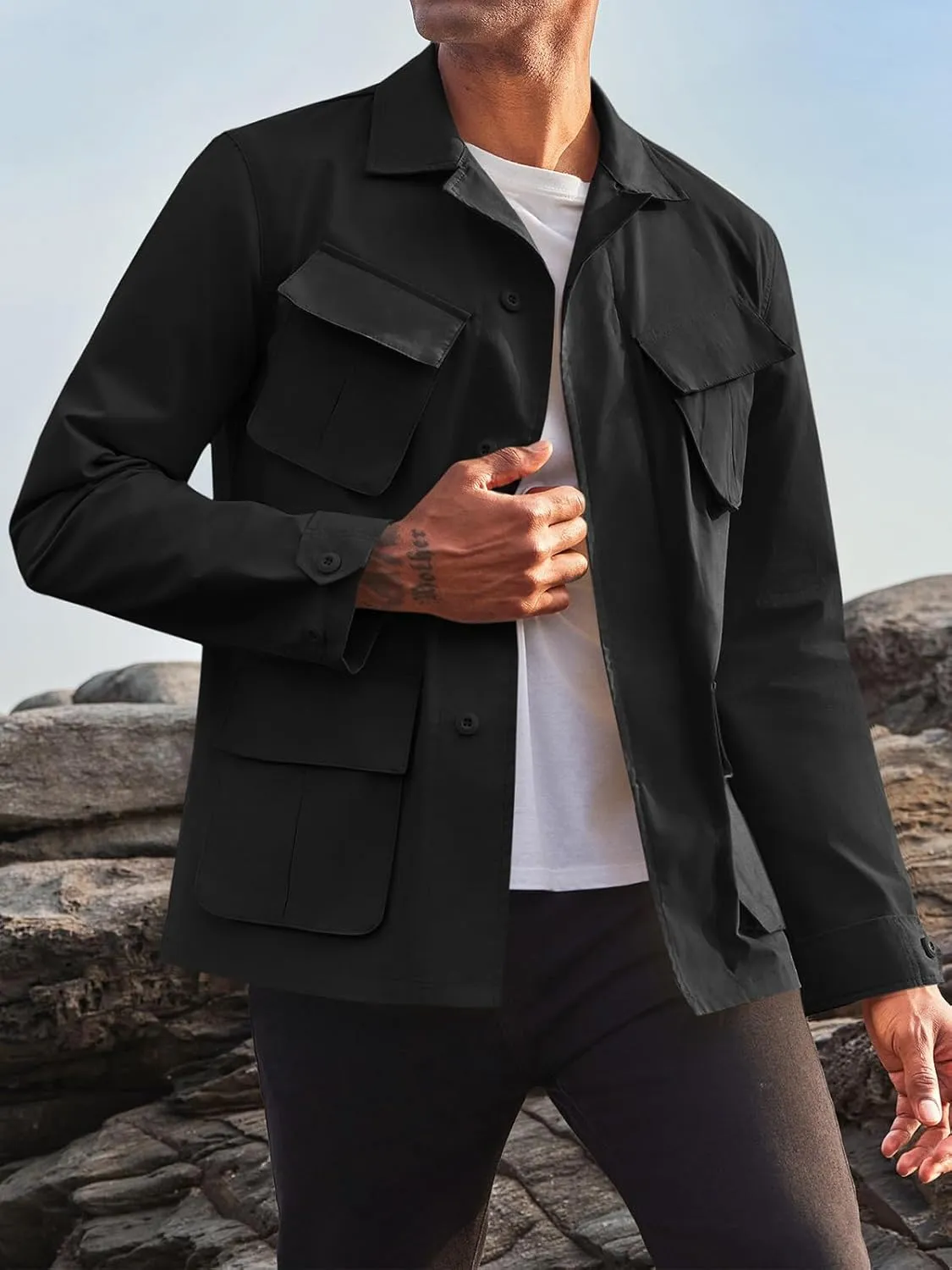 Runcati Mens Lightweight Safari Jacket Button Up Cotton Outdoor Military Cargo Long Sleeve Outwear