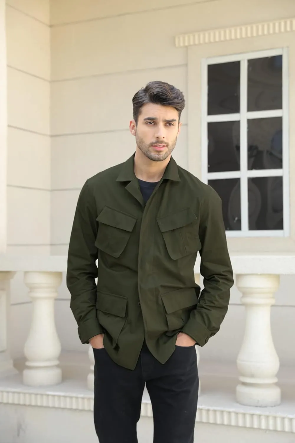 Runcati Mens Lightweight Safari Jacket Button Up Cotton Outdoor Military Cargo Long Sleeve Outwear