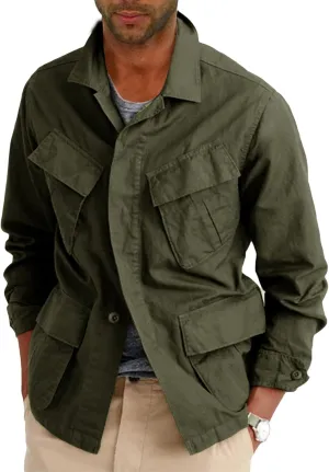 Runcati Mens Lightweight Safari Jacket Button Up Cotton Outdoor Military Cargo Long Sleeve Outwear