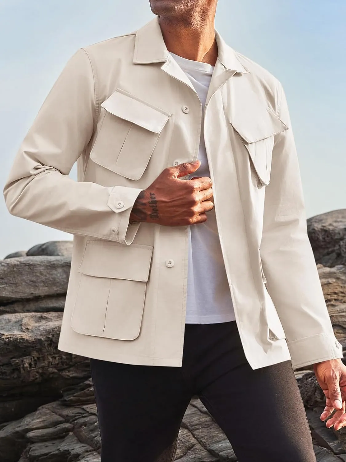 Runcati Mens Lightweight Safari Jacket Button Up Cotton Outdoor Military Cargo Long Sleeve Outwear
