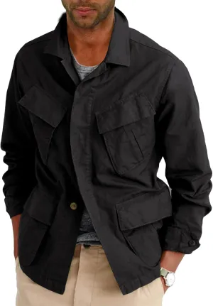 Runcati Mens Lightweight Safari Jacket Button Up Cotton Outdoor Military Cargo Long Sleeve Outwear