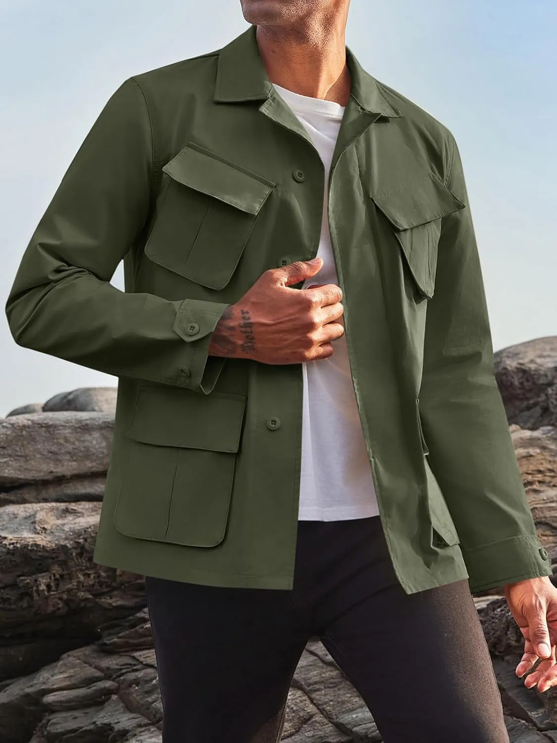 Runcati Mens Lightweight Safari Jacket Button Up Cotton Outdoor Military Cargo Long Sleeve Outwear